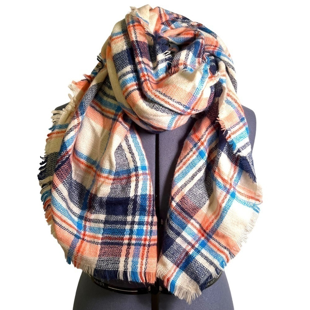 Women's Blanket Oversized Scarf Cream White Red Blue Navy Plaid Frayed Hem